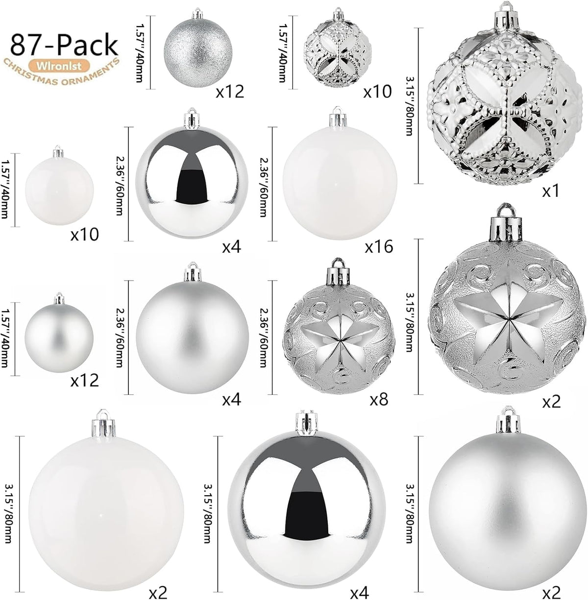 87-Pack Shatterproof Christmas Ball Ornaments Set, Christmas Tree Decorations with Hand-held Gift Package for Xmas Tree Holiday Wedding Party, Silver