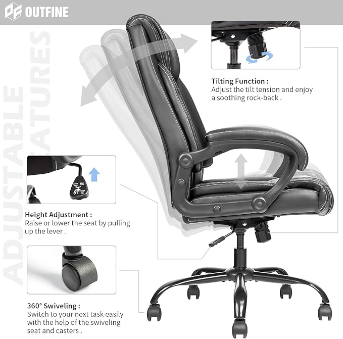 OUTFINE Office Chair Executive Office Chair Desk Chair Computer Chair with 5-Year hydrolysis-Resistant Leather Spring Cushion Ergonomic Support Tilting Function Upholstered in Bonded Leather Black