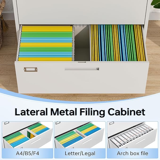 Lateral Filing Cabinet,4 Drawer File Cabinet with Lock,Office Lateral File Cabinets for Legal/Letter A4 Size,Require Assembly, White