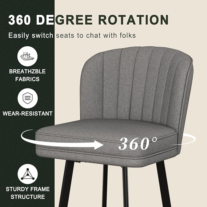 Swivel Counter Height Bar Stools Set of 2, 26'' Modern Barstools with Backs and Metal Legs, Upholstered Bar Chairs,Mid-Gray,Fabric Stools for Kitchen Island Chairs