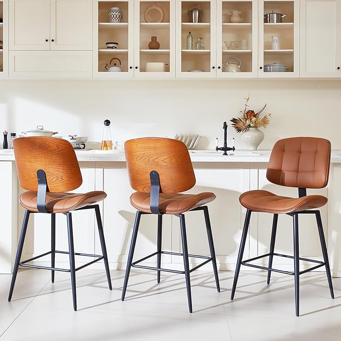 Mid Century Modern Bar Stools Set of 3 for Kitchen Island,Upholstered Brown Faux Leather Counter Height stools,26 Inch Counter stools with Walnut Grain Back