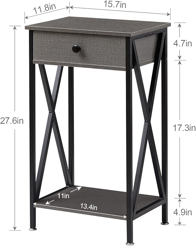 VECELO Tall Nightstand,27.6 inch Wooden End Table with Metal X-Frame,Side Table with Drawer and Storage Shelf for Living Room Bedroom Entryway Small Spaces