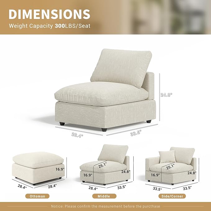 Modern Sectional Linen Cloud Couch for Living Room Armless Modular Filled-Down Sofas,Detachable Couch Cushion Covers,Cozy Feather Down Sofa for Apartment Beige