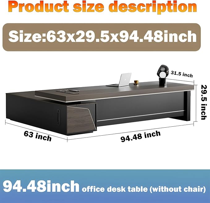 Modern Large Desk, Modern L-shaped Desk With Side Cabinets, Executive Desk With Combination Lock Drawer, Business Furniture Desk With Simple Cable Management (chair Not Included)(63x29.5x94.48inch)
