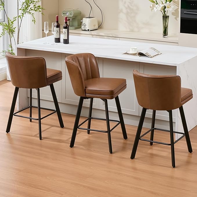 Swivel Counter Height Bar Stools Set of 2, 26'' Modern Barstools with Backs and Metal Legs, Upholstered Bar Chairs, Faux Leather Dark Brown Stools for Kitchen Island Chairs