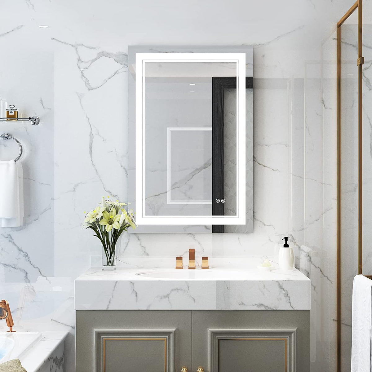 WELLFOR LED Bathroom Vanity Mirror 24 x 36 Inch, Lighted Anti-Fog Dimmable Mirror, IP44 Waterproof Wall Mounted Makeup Mirror, Packed with US Standard Plug and Touch Switch, (Horizontal/Vertical)