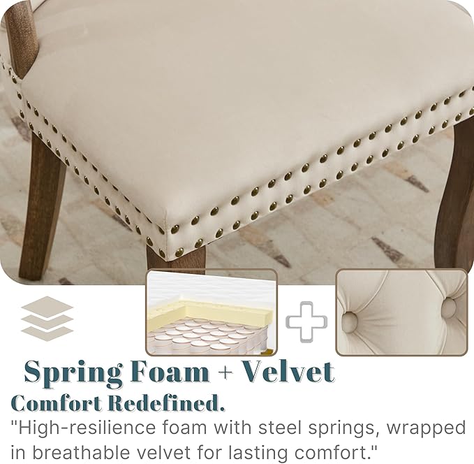 Velvet Dining Chairs Set of 4, Solid Wood Handles, Wooden Upholstered Dining Chair, Vintage Copper Nail Decoration, Mid Century Modern Kitchen Chair (Beige, Set of 4)