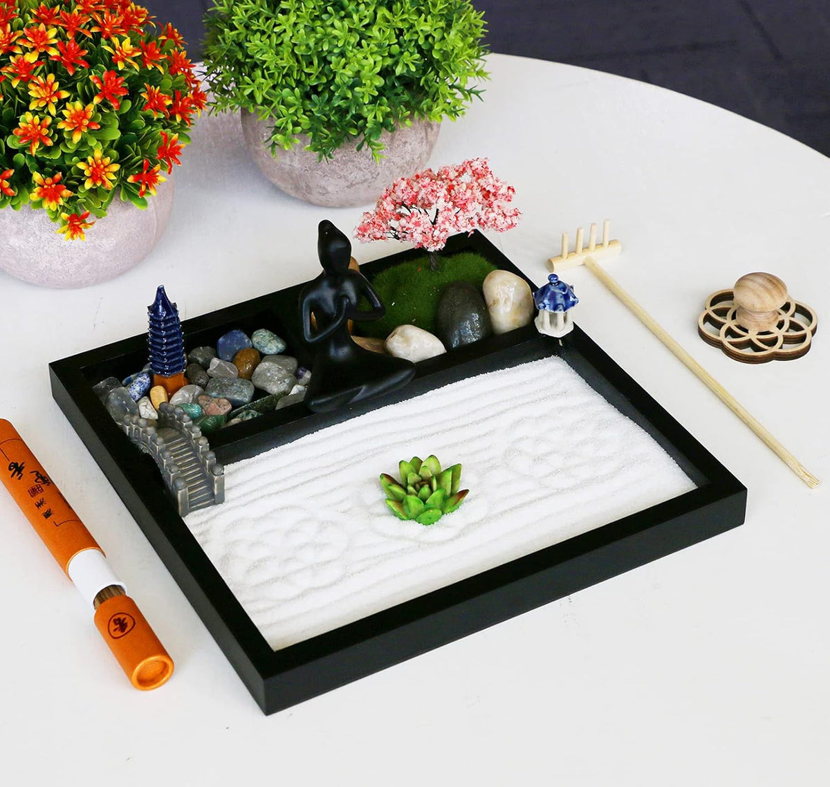 Desktop Meditation Yoga Garden Kit with Japanese Tabletop Rock Sand Chakra Shrine Altar, Home Office Desk Zen Decor, Gifts for Women & Men, Birthday, Includes Rake Tool & Accessories