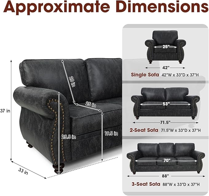 Living Room Furniture Sets,Mid-Century Vintage Sofa Couches with Rivet Design (Grey, Single+Loveseat)