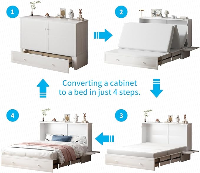 Mjkone Murphy Bed Queen Cabinet Bed with Tri-fold Mattress and Built-in USB Charging & 2 Drawers & Bedside Panel, Hidden Guest Beds, Murphy Cube Chest Cabinet Beds for Bedroom/Apartment - White