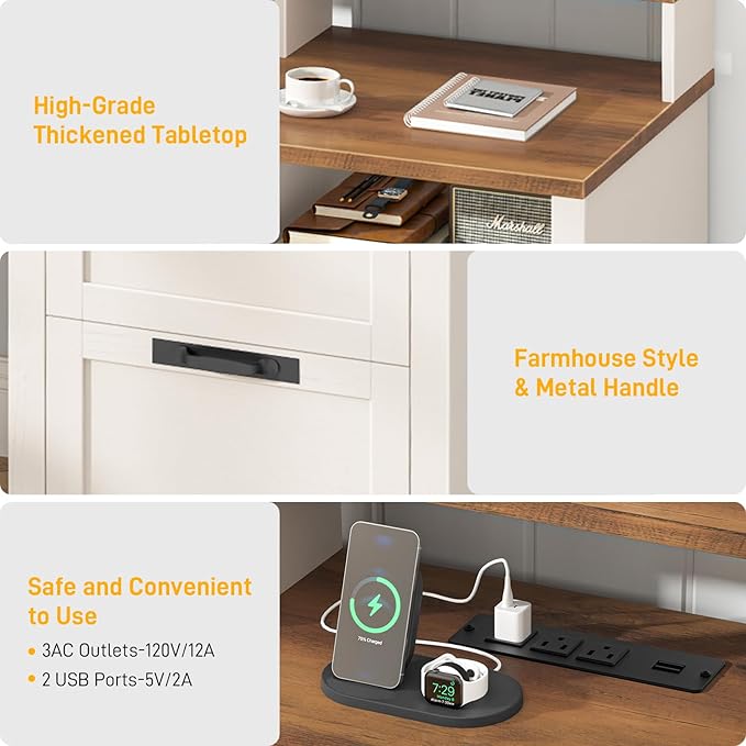 Halitaa 61" Farmhouse Executive Desk with Monitor Stand & File Drawers,Computer Desk with Storage Drawers,Large Workstation LED Lights and Power Outlets for Home Office,Study,White