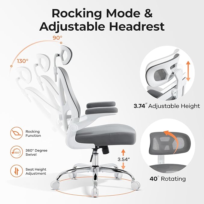 Office Chair Ergonomic Office Chair with Lumbar Support, Head Support, Rocking Function, FILP-up Armrests, Mesh High Back Chair Home Office Desk Chair, Suitable for Home, Office, Grey