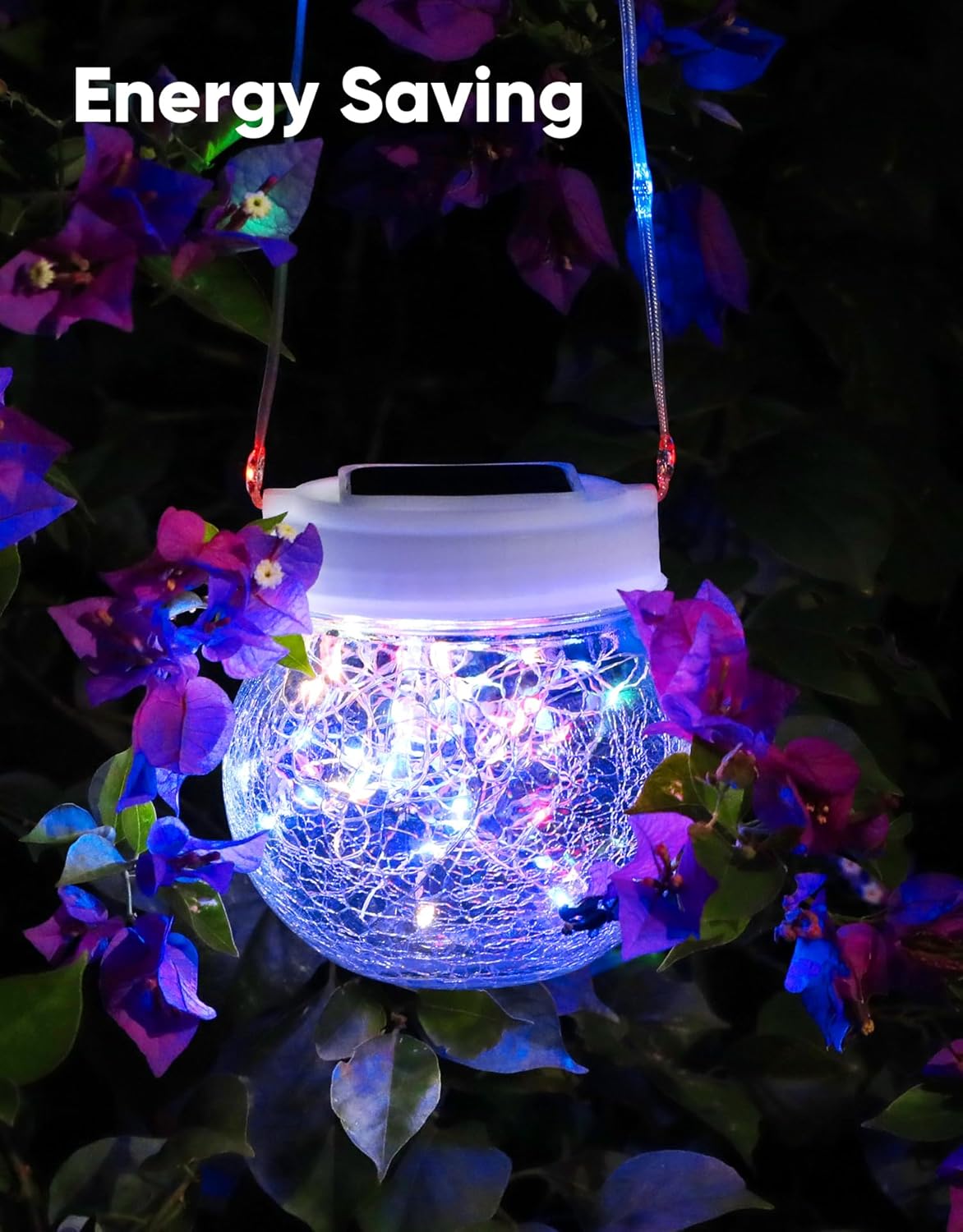 Solar Lantern Solar Lights Outdoor Waterproof 6-Pack, Solar Powered Hanging Lights Cracked Glass Hanging Globes for Christmas Decoration, Shepherd Hook, Garden Tree Ornaments,White Cap, Multi-Color