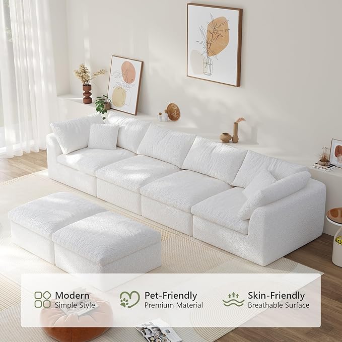 138" Boneless Cloud Couch Modular Sectional Sofa with Deep Seat for Living Room, L Shape Couch with Ottoman, Snowflake Cloth and 40D Memory Sponge，2 Throw Pillows (White, 4 Seater+2 Ottoman)