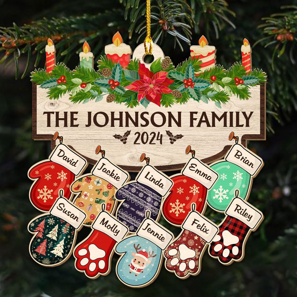 Family with Pet Ver 2 - Personalized Custom Wood Ornament, Family Gloves Christmas Ornament 2024, Xmas Ornament Gifts for Family Tree Decoration (A06, 5 Names)