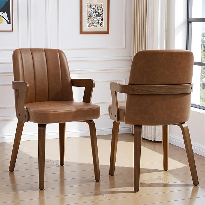 Kitchen Dining Chairs Set of 2, Faux Leather Upholstered Dining Room Chairs with Wood Arms and Legs, Mid Century Modern Kitchen Side Chair for Living, Bedroom, Restaurant, Walnut/Brown
