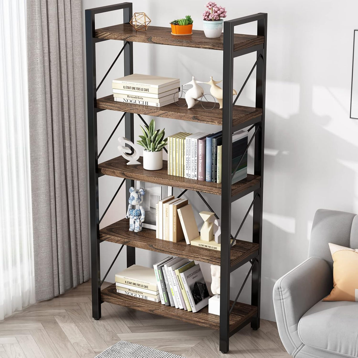 5 Tier Bookshelf Rustic Solid Wood Industrial Style Bookcase,Metal and Real Wood Vintage Bookshelf,Book Shelves Home Office, Retro Brown,Dark Matching credenza(LZ01-05tier) (5Tiers)