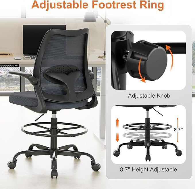 Drafting Chair,Tall Office Chair with Adjustable Footrest Ring,Lumbar Support,Ergonomic High Desk Seat,Flip-Up Armrests,Breathable Mesh Standing Stool for Home Office,Grey
