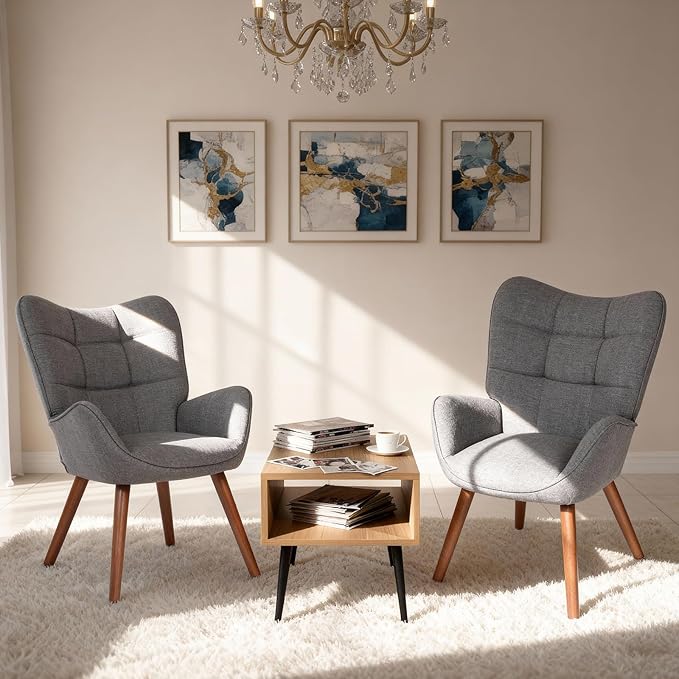 Modern Dining Room Chairs, Mid Century Upholstered Kitchen Chairs with Back Support and Solid Wood Legs, Accent Dinner Chair for Kitchen, Dining Room, Living Room, Restaurant, Dark Grey