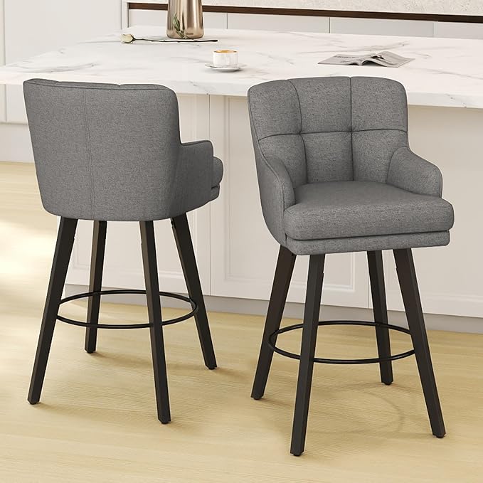 360°Swivel Counter Height Bar Stools with Back, 30 inch Solid Wood Legs, Bar Stool Modern Kitchen Island Chairs, Fabric (Mid-Grey- Fabric, 30" H- Set of 2)