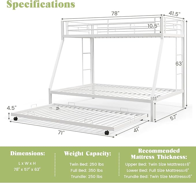 Giantex Twin Over Full Bunk Bed with Trundle, Heavy-Duty Metal Triple Bunk Beds w/Two Side Ladders & Safety Guard Rail, 3 in 1 Bunk Beds for Kids Teens, No Box Spring Needed,White