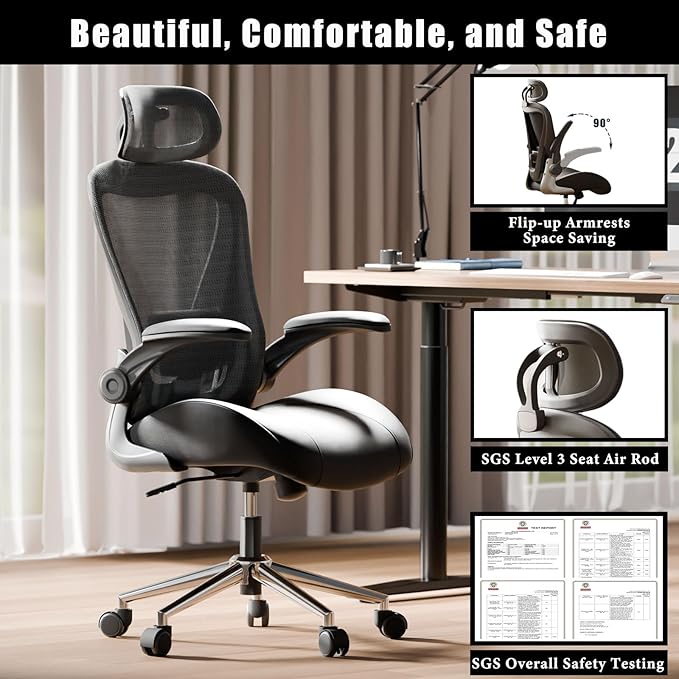 Black Ergonomic Home Office Desk Chair, Premium Thickened Leather Curved seat with Breathable mesh Back, 3D headrest and Adjustable Lumbar Support, Ideal Chair for Office or Gaming, Black