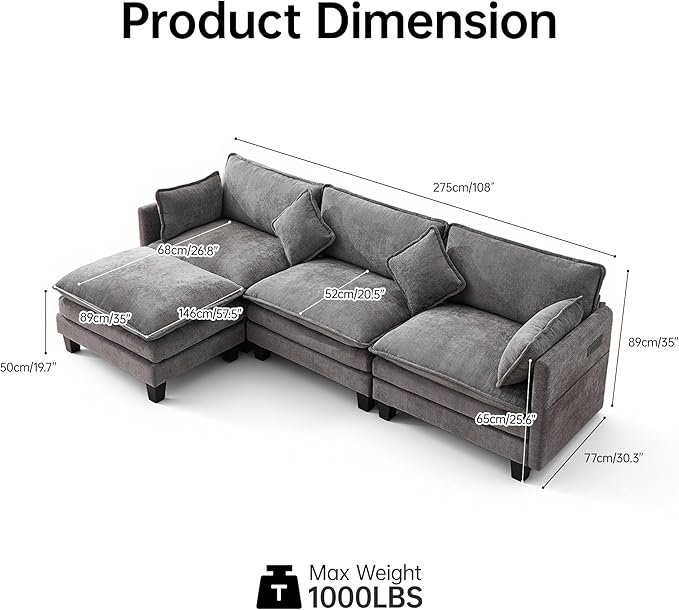 108" Modular Sectional Couches for Living Room with Ottoman, L Shaped Cloud Couch with Charger, USB & Type-c Port, Comfy 4 Seats Sofas with Deep Seat, Chenille Fabric, Darkgrey