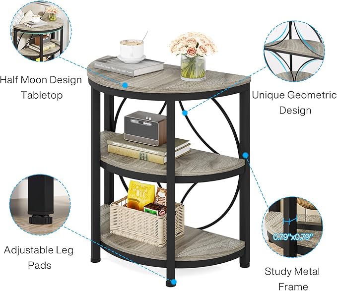 Tribesigns Half Round End Table for Living Room, 3-Tier Half Side Table with Metal Frame, Industrial Half Moon Table with Storage Shelves, Half Circle Accent Table for Entryway, Bedroom, Grey