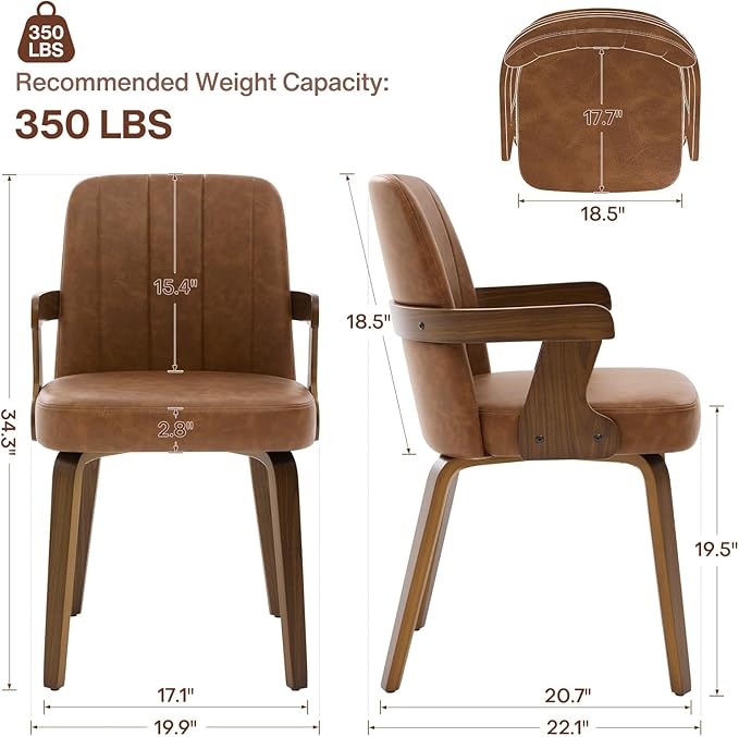 Kitchen Dining Chairs Set of 4, Faux Leather Upholstered Dining Room Chairs with Wood Arms and Legs, Mid Century Modern Kitchen Side Chair for Living, Bedroom, Restaurant, Walnut/Brown