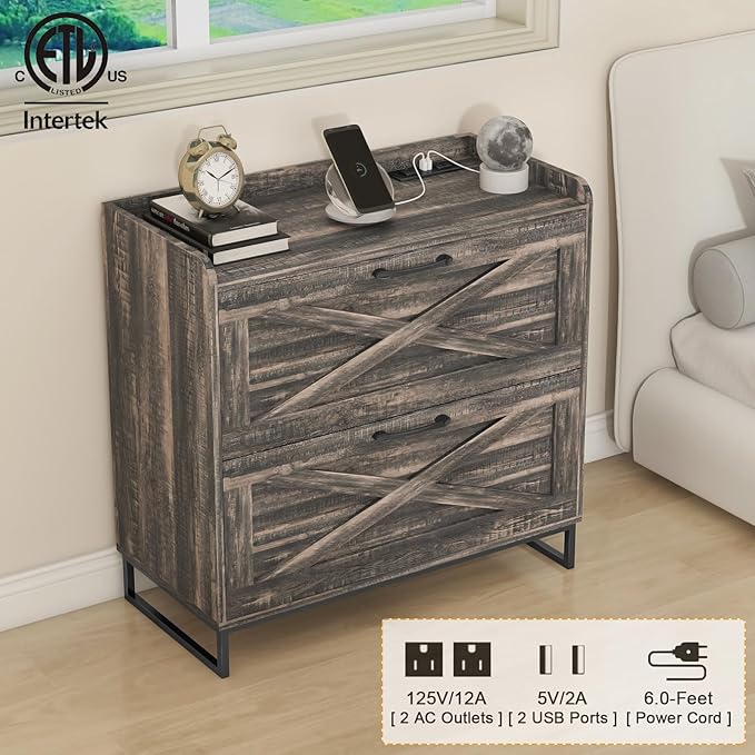 File Cabinet 2 Drawers Lateral File Cabinet with Charging Station for Letter/Legal/A4 Size Hanging Files, Large Wood File Storage Cabinets Printer Stand for Home Office, Dark Rustic Oak