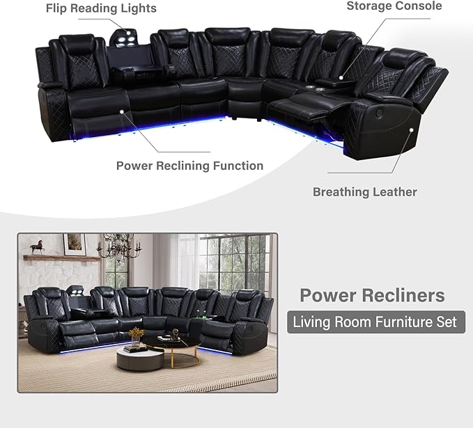 Power Recliner Sectional Couch with LED, Leather Reclining Sofa for Living Room, Muti-Functional Recliner Corner Sectional with Storage Console/Cup Holders/USB Ports (Black, SECTIONAL & CHAIR)