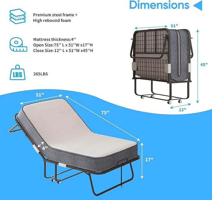 Mjkone Folding Bed with Mattress for Adults, Rollaway Bed with 5 Inch Memory Foam, Space Saving Portable Bed with Lockable Wheel, Sturdy Fold Up Frame and Memory Foam for Bedroom/Guest (75" x 51")