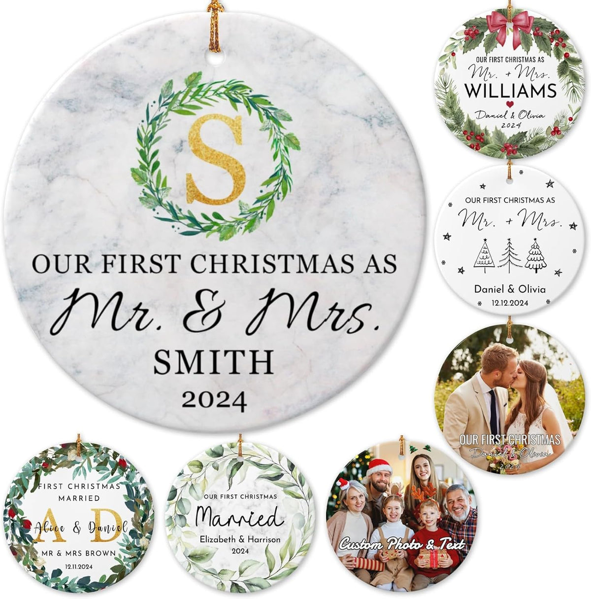 Personalized First Christmas Married Ornament 2025 Custom Mr and Mrs Wedding Christmas Ornaments with Name Date for Couples,Double-Sided Ceramic Customized Engagement Ornament