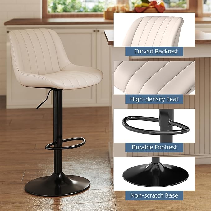 Youhauchair Bar Stools Set of 3, Swivel Counter Height Barstools with Back, Adjustable PU Leather Bar Chairs, Modern Armless Kitchen Island Stool, Beige