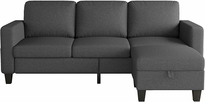 Sectional Sofa and Couches for Living Room, 78'' Dark Grey 3 Seat L-Shaped Couch with Movable Ottoman, Comfy Fabric Convertible Sectionals Sofas with Chaise for Apartment, Office, Small Space