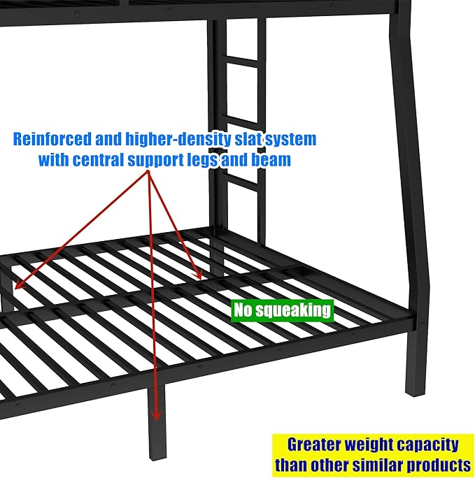 Stronger & Higher Quality Heavy Duty Steel Bunk Bed Twin XL Over Queen Size Bunkbed, Thickened Safer More Stable Metal Queen Bunk Bed Frame (Faster Assembly) (Twin XL Over Queen)