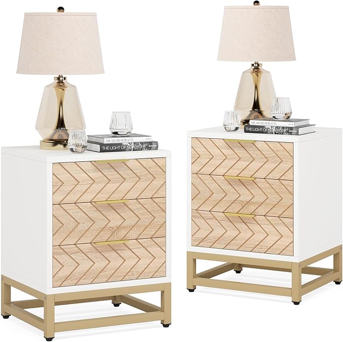 Tribesigns 3 Drawers Nightstand, 2Pcs Modern White and Gold Bedside Table with Metal Legs for Bedroom, Living Room, Apartment