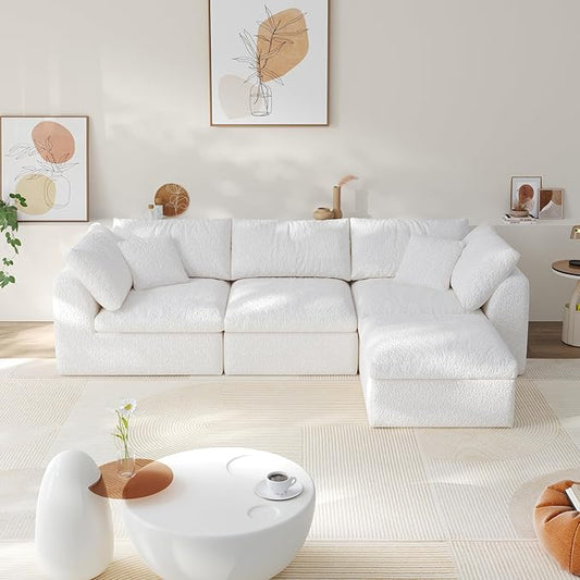 108" Boneless Cloud Couch Modular Sectional Sofa with Deep Seat for Living Room, L Shape Couch with Ottoman, Snowflake Cloth and 40D Memory Sponge，2 Throw Pillows (White, 3 Seater+1 Ottoman)