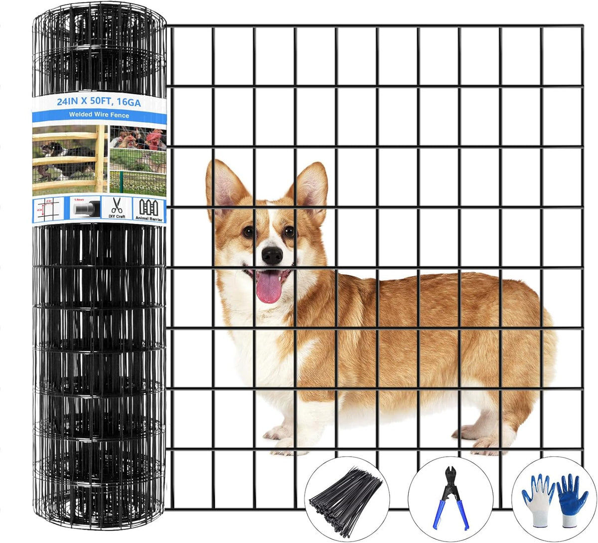Welded Wire Fence, 50ft(L) x 24inch(H) Garden Fence for Dog, 2 Inch x 3 Inch 16GA Fencing for Chicken, PVC Coated Anti-Rust Roll Metal Wire Mesh Fence for Yard Vegetable, Black