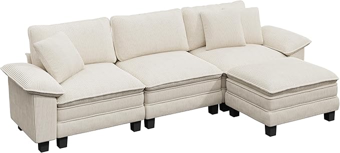 PHI VILLA Cloud Modular Couch Sets, 123.6" Sectional Sofa with L-Shaped Chaise, 4-Seater Upholstered Couches with Movable Ottoman for Living Room, Corduroy Fabric, Beige