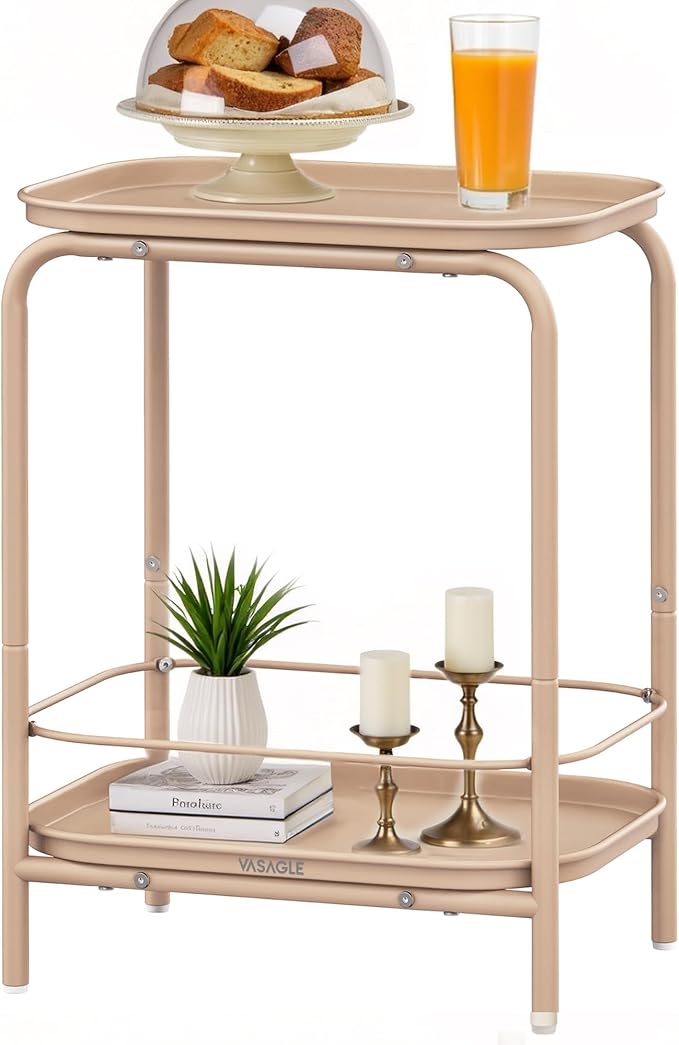 VASAGLE 2-Tier Outdoor Table, Small Side End Table with Tray Storage, Bedside Nightstand for Living Room, Bedroom, Modern Style, Camel Brown ULET243K01