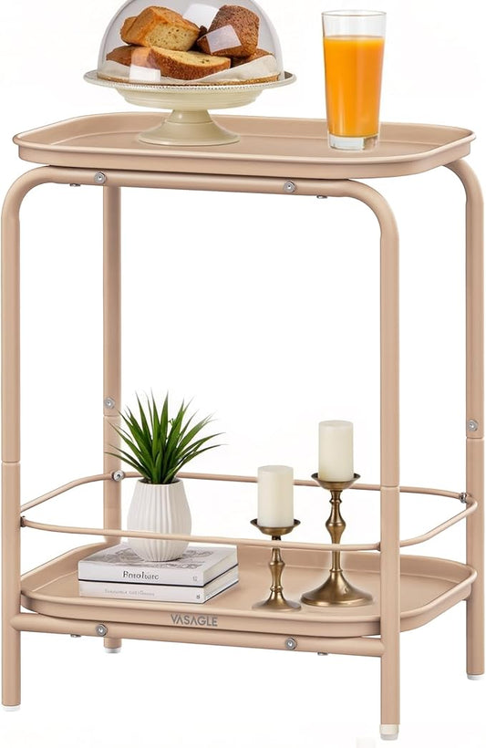 VASAGLE 2-Tier Outdoor Table, Small Side End Table with Tray Storage, Bedside Nightstand for Living Room, Bedroom, Modern Style, Camel Brown ULET243K01