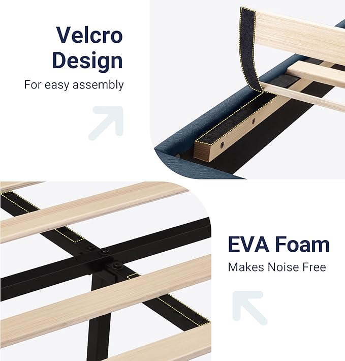 Allewie King Size Platform Bed Frame with Fabric Upholstered Headboard and Wooden Slats Support, Fully Upholstered Mattress Foundation/No Box Spring Needed/Easy Assembly, Navy Blue