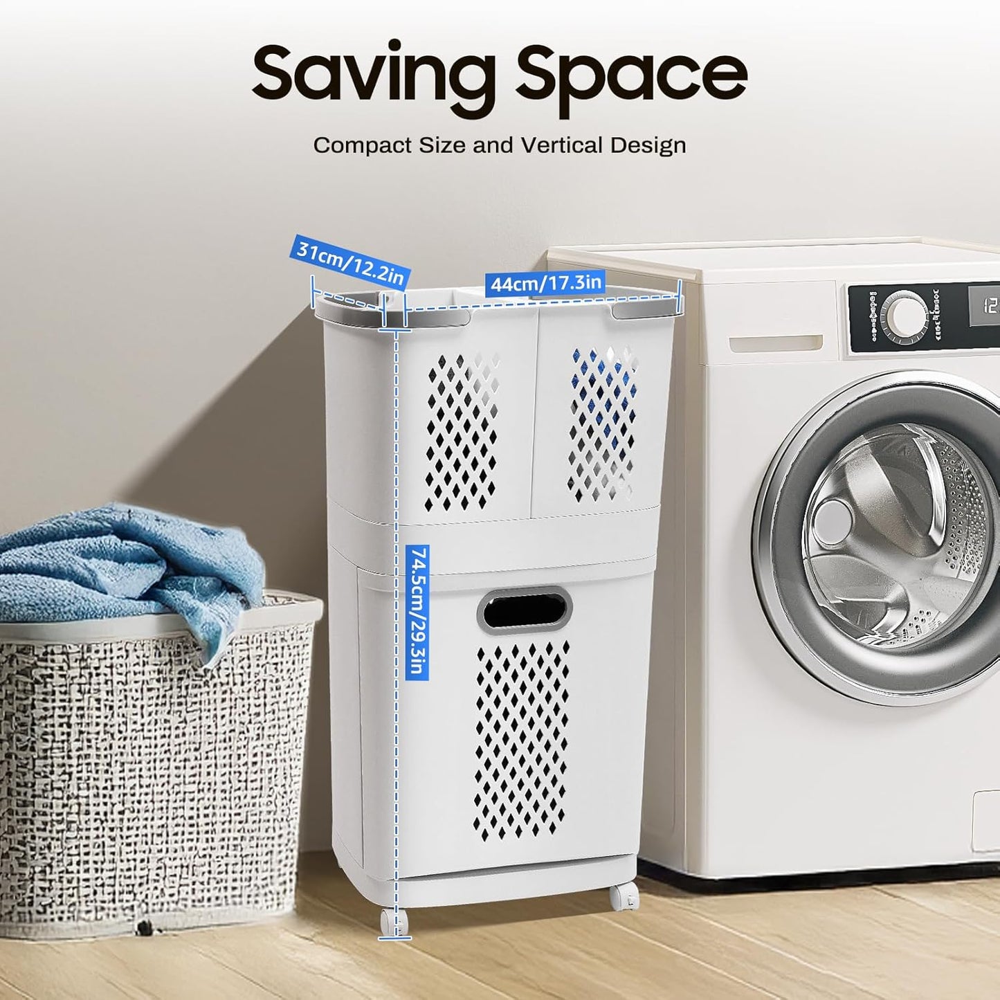 Movable Household Laundry Basket,2 Tier Laundry Hamper Basket Sorter with Wheels&Handle,Large Hand-Held Laundry Basket Clothes Storage Organizer for Bathrooms Bedrooms