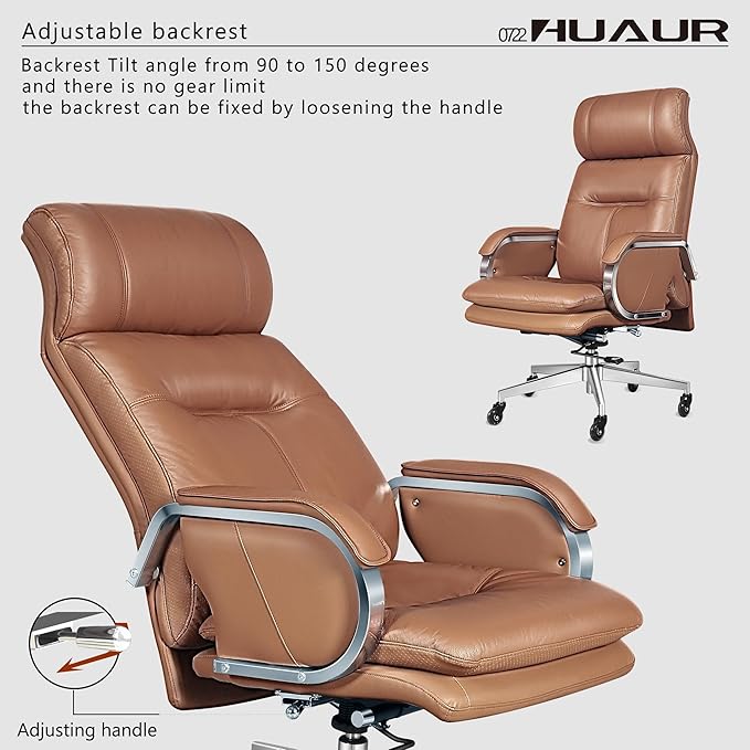 Genuine Leather Modern Executive Chair High-Back Support 90 to 150 Degrees Tilt and Upholstered Home Desk Chair with Base 400LB Capacity Swivel Computer Office Chair (Orange)