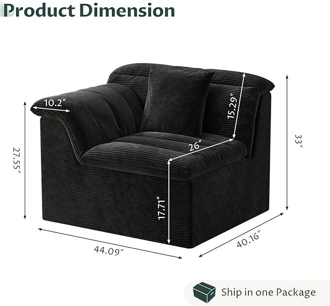 44" Cloud Sectional Couch with Single Arm, Modern Compressed Sofa, Comfy Sleeper Sofa, Corduroy Upholstered Couches for Small Space, Apartment, No Assembly Required, Black, Left Side