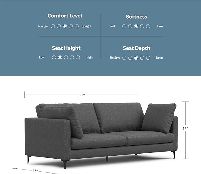 SIMPLIHOME Ava Sofa in 100% Recycled Polyester Tightly Woven Performance Fabric, Pebble Grey, 90-inches Wide, Handcrafted Mid-Century Modern Style Sofa for Living Room or Couch for Family Room