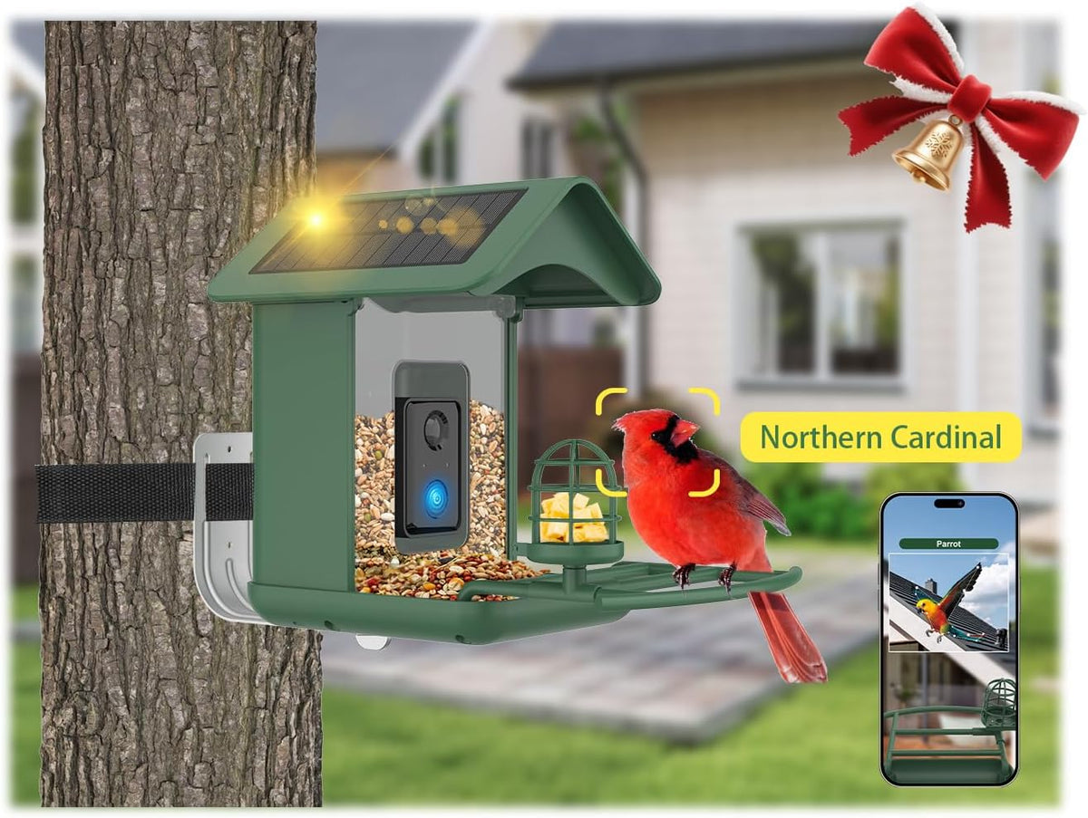 Smart Bird Feeder with Camera, AI Species Identify, Dual Solar Powered Birdfeeder Cam for Outside IP65 with 2.4GHz WiFi, 2K HD Auto Capture Birds Video for Bird Lover (Green)