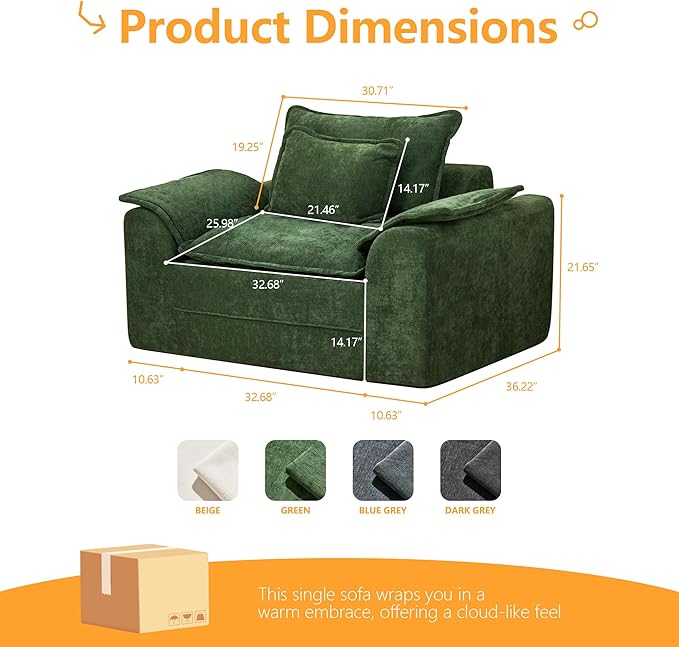 Hobestluk Cloud Single Sofa Memory Foam Couch with Deep Seat L Shaped Sofa with Removable Cover Large Couch for Living Room (Green, Single Sofa)
