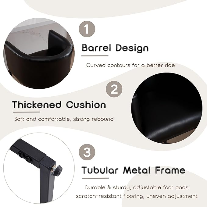 PU Leather Bar Stools Set of 2, Modern Upholstered Counter Height Bar stools 24" Leather Barstools Barrel Kitchen Counter Island Stools with Black Metal Base, Black